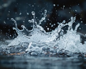 A close-up of water splashing, capturing the dynamic motion and shimmering droplets against a dark background.