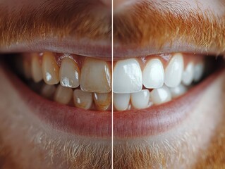 Extreme closeup of a mans teeth, before and after whitening, from coffeestained to bright white enamel, sharp lighting highlighting the texture