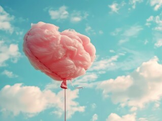 A pink heart-shaped balloon floats against a bright blue sky, surrounded by fluffy white clouds, evoking feelings of love and whimsy.