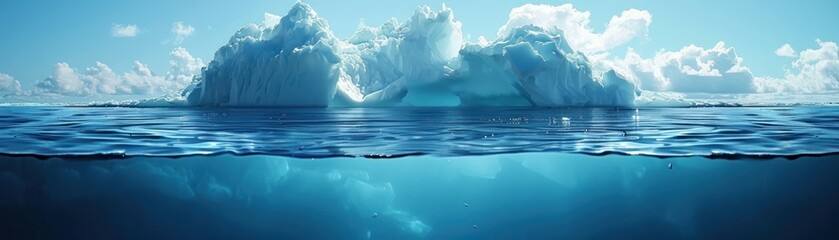 Obraz premium A serene underwater scene featuring a large iceberg above and crystal-clear water below, illuminated by soft sunlight, creating a tranquil atmosphere.