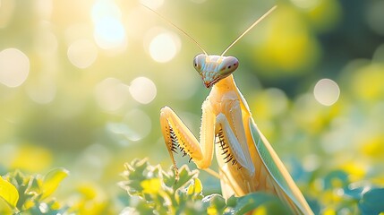 Praying Mantis CloseUp, Blurry Background, Green, Yellow