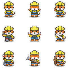 Fototapeta premium Cute Tiger mascot works in construction. Cute Tiger builder cartoon. Animal builders.