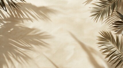Obraz premium Overhead view of palm tree leaves casting shadows on a beige background.