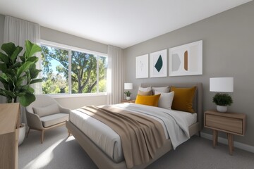 Fototapeta premium Modern Minimalist Bedroom with White Walls and Beige Bed