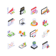 This pack of colorful isometric icons presents diverse business concepts, including data analysis
