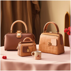 Elegant Handbags Collection with Coffee Mug and Roses on Table - Perfect for Fashion and Lifestyle Design