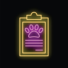 Glowing neon line clipboard with medical history icon isolated on black background, representing veterinary clinic pet service