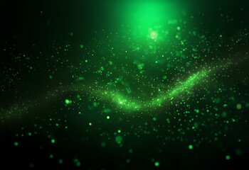 Obraz premium A dark background with a swirling green nebula in the center, with a bright green light in the upper center.