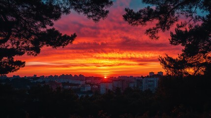 Obraz premium A tranquil sunset seen from a rooftop garden in the city, with trees and cityscape silhouetted against a colorful sky.