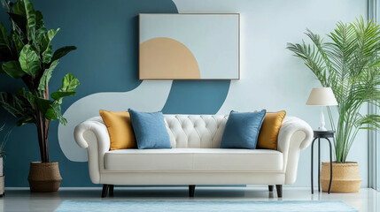 Fototapeta premium Modern living room stylish blue and white sofa vibrant wall art