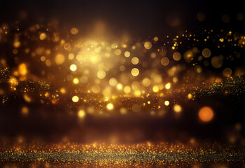 Obraz premium A dark background with a layer of shimmering gold glitter and a cluster of out-of-focus glowing orbs.
