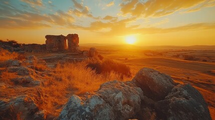 Fototapeta premium A stunning sunset illuminating ancient ruins, with golden light highlighting the weathered rocks.