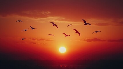 Fototapeta premium A serene sunset with birds flying across the sky, their shadows adding to the peacefulness of the scene.