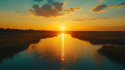 Obraz premium A serene sunset over a marsh, with sunlight reflecting off the water and creating a tranquil atmosphere.