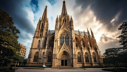 Obraz premium Gothic Cathedral with Stone Carvings and Towering Spires against Cloudy Sky