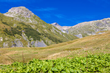 Chamonix rocky granite mountain peaks in french Alps around Mont Blanc summit in Chamonix valley....