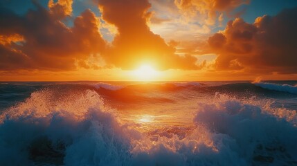 Fototapeta premium A powerful sunset with crashing waves capturing the raw beauty of the ocean.