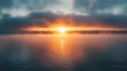 Fototapeta premium A mysterious sunset partially obscured by thick fog, with soft light filtering through the fog.