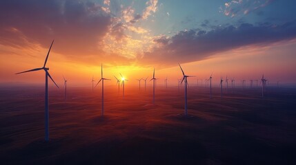 Obraz premium A modern landscape of windmills against a beautiful sunset, combining technology with nature.