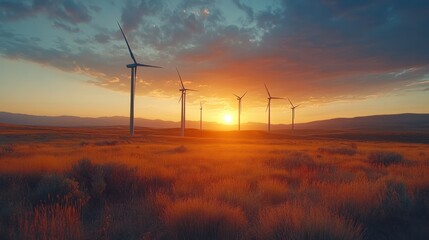 Obraz premium A modern landscape of windmills against a beautiful sunset, combining technology with nature.