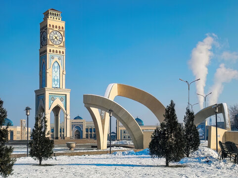 Shahristan square is the main square in Taraz with a clock tower in the center. Located at the historical and cultural zone of ancient Taraz city. Jambyl region, Kazakhstan