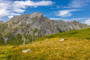 Chamonix rocky granite mountain peaks in french Alps around Mont Blanc summit in Chamonix valley. Scenic landscape of iconic alpine summits the legends of mountaineering and alpinism