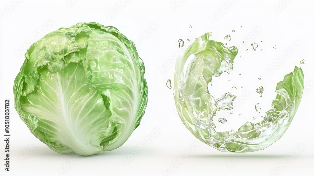 Sticker A whole head of cabbage and a water splash shaped like half a cabbage head, isolated on a white background.