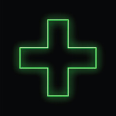 Green neon cross glowing brightly on a black background