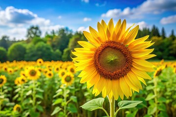 Obraz premium Large bright yellow sunflower in a field with green trees in the background, flowers, bloom