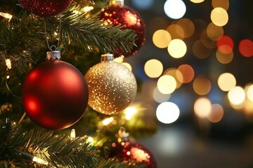 Fototapeta premium Closeup of Festively Decorated Outdoor Christmas tree with bright red balls on blurred sparkling fairy background. Defocused garland lights, Bokeh effect. Defocused night city street, cars on road.