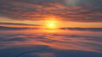 Fototapeta premium A cool and peaceful sunset over the Arctic tundra, with the sun casting a soft golden glow over the snow-covered landscape.