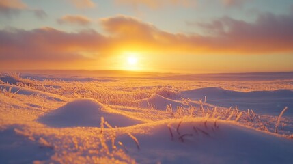 A cool and peaceful sunset over the Arctic tundra, with the sun casting a soft golden glow over the snow-covered landscape.
