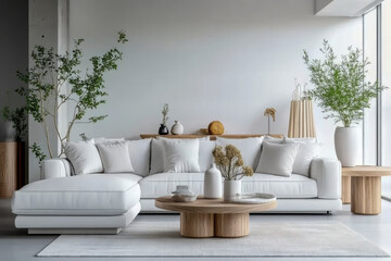 modern living room Style Studio apartment with white corner sofa Scandinavian home interior design