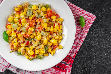 corn salad tasty food dish second course Fresh delicious gourmet food background on the table rustic food top view copy space top view keto and paleo diet Vegetarian and vegan food