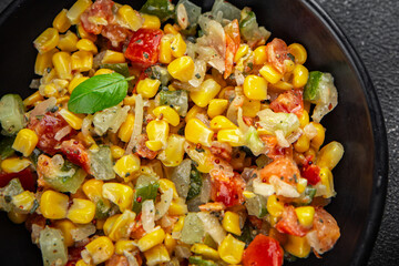 corn salad tasty food dish second course Fresh delicious gourmet food background on the table rustic food top view copy space top view keto and paleo diet Vegetarian and vegan food