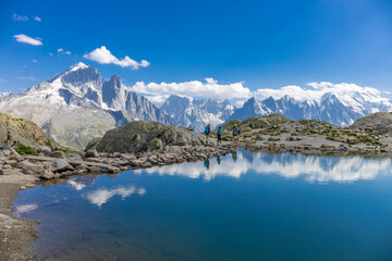 Chamonix rocky granite mountain peaks in french Alps around Mont Blanc summit in Chamonix valley. Scenic landscape of iconic alpine summits the legends of mountaineering and alpinism