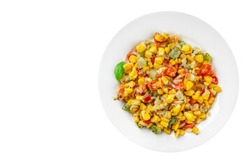 corn salad tasty food dish second course Fresh delicious gourmet food background on the table rustic food top view copy space top view keto and paleo diet Vegetarian and vegan food