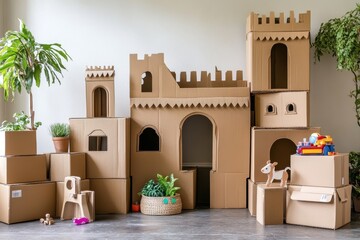 A creative DIY project using cardboard boxes to build a child's fort, representing imagination and resourcefulness
