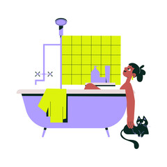 Relaxing bath with a woman in the bathtub, flat vector illustration symbolizing self-care, relaxation, and bathroom essentials