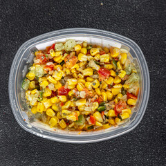 corn salad tasty food dish second course Fresh delicious gourmet food background on the table rustic food top view copy space top view keto and paleo diet Vegetarian and vegan food