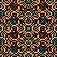 Fototapeta premium Seamless repeating pattern with concentric circles interlaced with wavy multicolored striped lines on a black background. Abstract geometric traditional design with vintage colors. Retro style. 