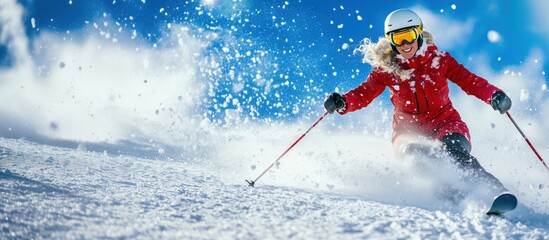 Skiing action on snowy slope, skier in red jacket, sunny day, snow spray