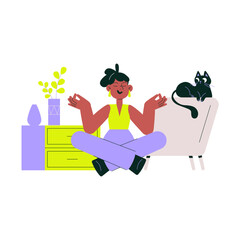 Meditating woman at home with her cat, flat vector illustration symbolizing relaxation, mindfulness, and self-care