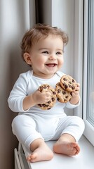 A joyful toddler enjoys chocolate chip cookies while laughing near a window, surrounded by a warm home atmosphere and Christmas lights