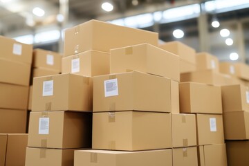 A stack of neatly packed cardboard boxes in a warehouse, ready for shipment, symbolizing logistics, storage, and organized supply chain management