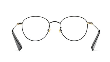 Glasses back view isolated on white background. Black eye glasses round frame with clear...