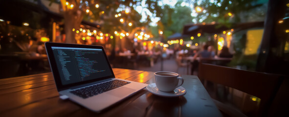 Fototapeta premium Coding displayed on a laptop screen in a vibrant café setting, accompanied by a cup of coffee. Perfect scene for tech enthusiasts, coders, or digital work representation.