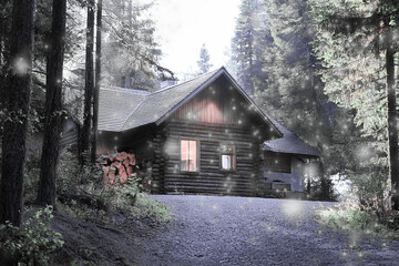 Image of a log house in a forest