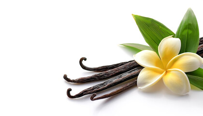 Vanilla pods, green leaves and flowers on side position provides copy space for text. background concept isolated white