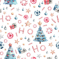 Square seamless pattern with decorated Christmas tree, xmas star, sweet lollipop candy. Cute festive design for xmas wrapping paper and fabric design